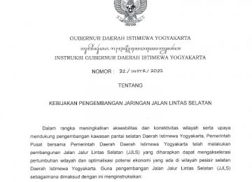 Instruksi Gubernur DIY 32/INSTR/2022 tentang Kebijakan Pengembangan Jaringan Jalan Lintas Selatan