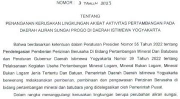Instruksi Gubernur DIY Nomor 3 Tahun 2023 tentang Penanganan Kerusakan Lingkungan Akibat Aktivitas Pertambangan Pada Daerah Aliran Sungai Progo di Daerah Istimewa Yogyakarta